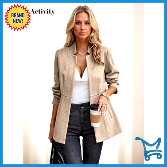 Herringbone Tweed Blazer Slim Fit Long Lined Open Front Work Office Coat - Picture 5 of 7